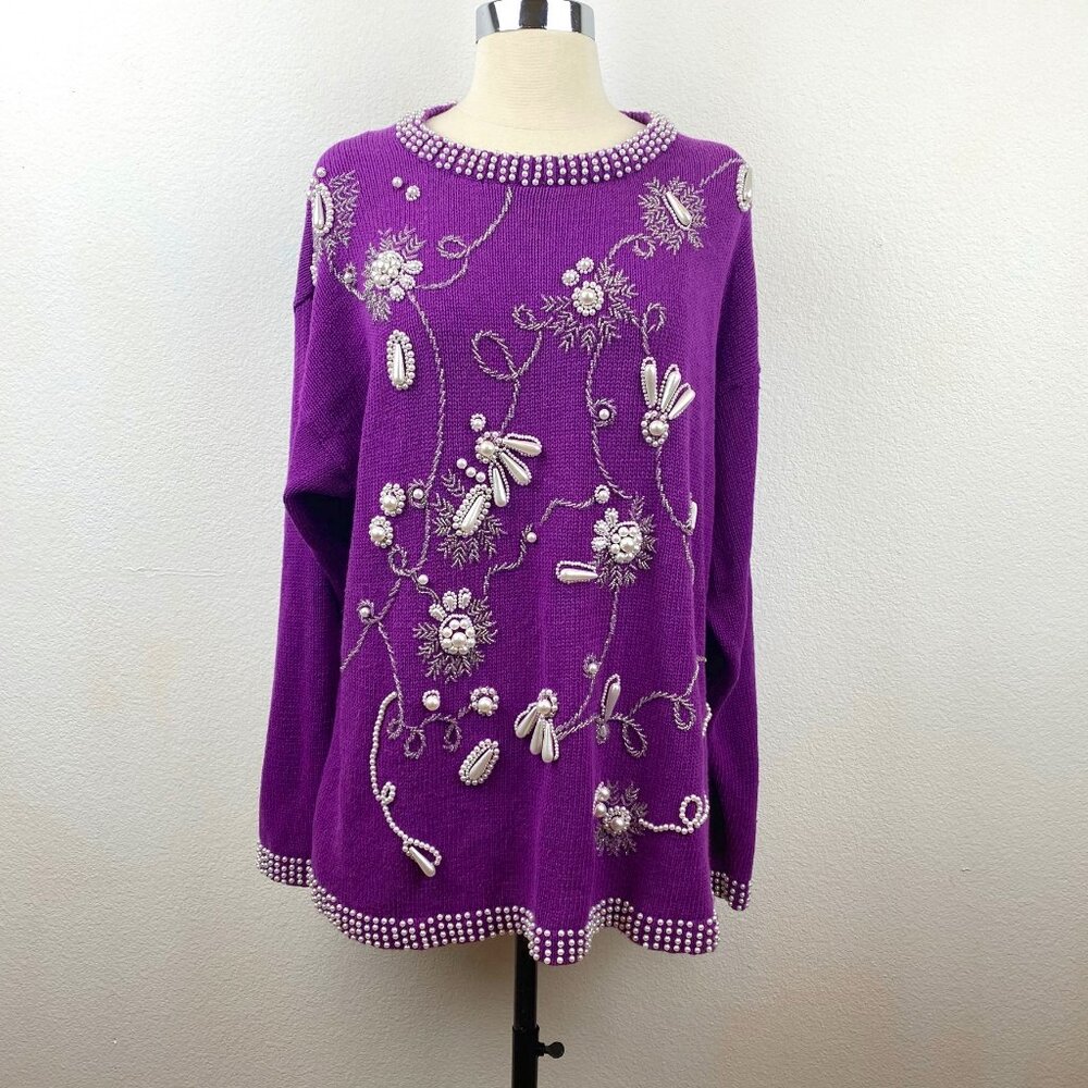 Vintage 80/90s Victoria Harbour Purple Sweater Large White Beads Art Holiday